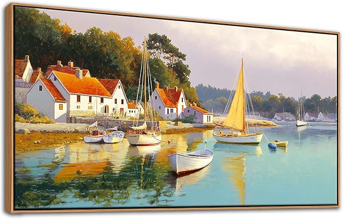 AJAZIKO Coastal Wall Art - Rustic Ocean & boat Canvas Art for Living Room & Bedroom Decor - Framed Landscape Artwork for Walls - Italian Farmhouse & Country Wall Decor Print Pictures29x58IN