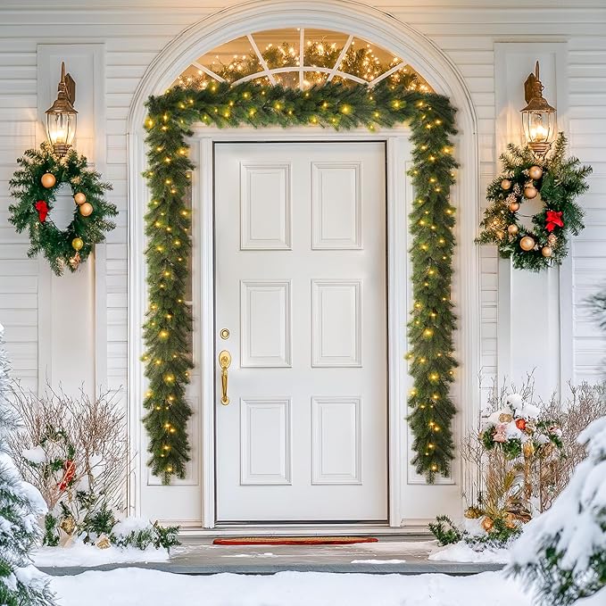 9ft Pre-Lit Christmas Garland, Artificial Lighted Norfolk Pine Garland with Multi-Color Lights, Battery Operated Garland for Mantle Stairs Table Fireplace Xmas Decorations