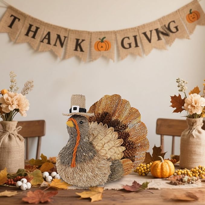 winemana Thanksgiving Turkey Decor – 7.9" Tall Sisal Turkeys Table Centerpiece with Top Hat, Fall & Harvest Home Decor, Thanksgiving Decorations Indoor