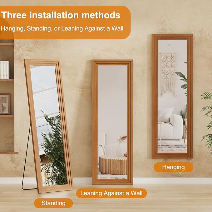 Full Length Mirror,65x22 Inch Full Length Mirror Wall Mounted,Vertical Hanging,Leaning Standing for Bedroom,Living Room,Rectangular Wooden Frame,Walnut Color.