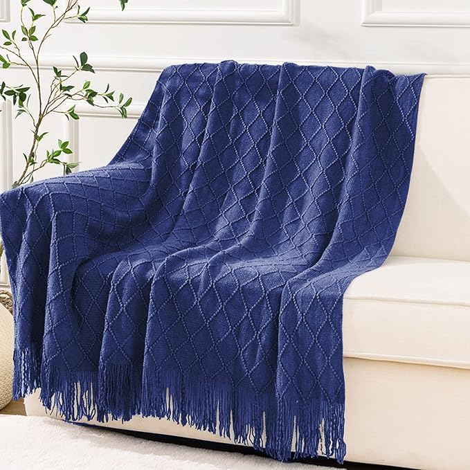 inhand Navy Blue Throw Blanket for Couch and Bed, Soft Living Room Home Decor Knitted Twin Size Blanket, Outdoor Lightweight Breathable Summer Blanket, Farmhouse Warm Woven Decorative, 60"x80"