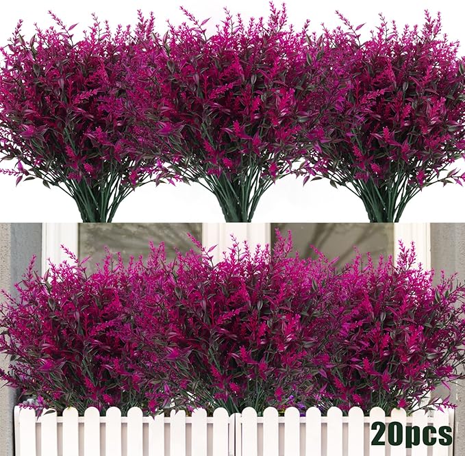 20 Bundles Artificial Flowers for Outdoor Decoration, Spring Decoration UV Resistant Faux Outdoor Plastic Greenery Shrubs Plants Artificial Fake Flowers Hanging Planter Home Garden Decor(Fuchsia)