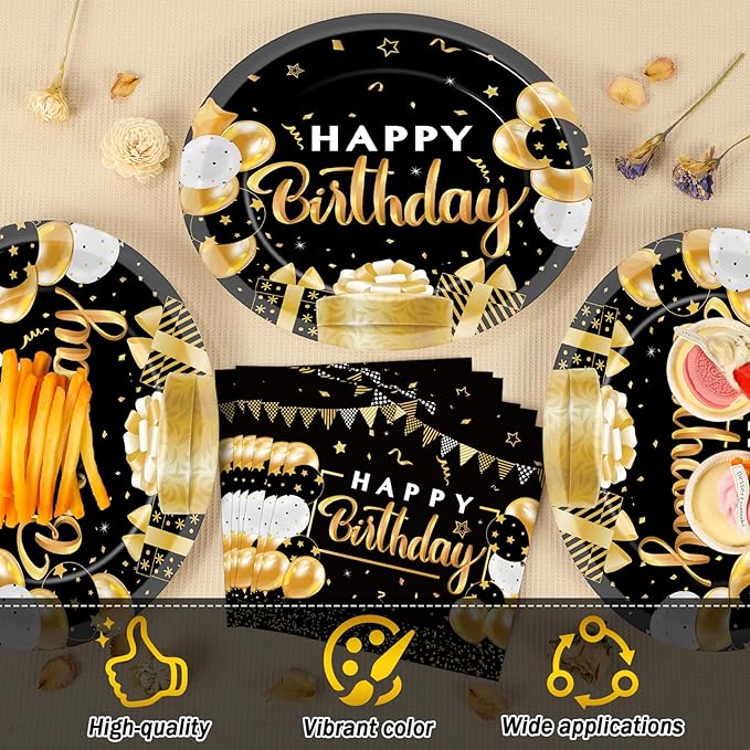 Birthday Oval Paper Plate 11inch Large Happy Birthdays Plates and Napkins, Black and Gold Party Decoration Favor Dish Tray for Man Woman Bday Baby Shower Holiday Gathering Supplies Tableware, 25 Guest