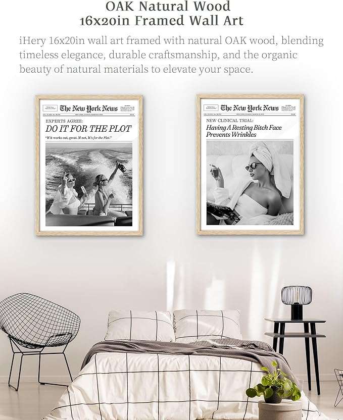 iHery Natural OAK Wood Hot Girls Newspaper Trendy Framed Wall Art, Large 16x20 in Vintage Beige Canvas Wall Art, Do it for The Plot, Apartment Funny Girly Dorm Living Room Bedroom Decor Set of 1