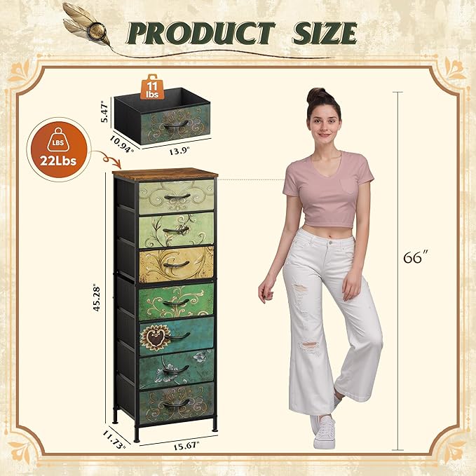 WLIVE Tall Dresser for Bedroom, 7 Drawer Dressers & Chests of Drawers, Fabric Dresser for Closet, Living Room, Night Stand with Metal Frame, Storage Tower with Fabric Bins, Wood Top, Floral Painted