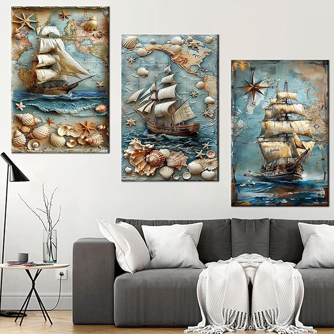 Abstract Sailboat Canvas Wall Art 3 Pieces Large Size Poster Blue Ocean Landscape Nautical Picture Painting Artwork for Living Room Hotel Office Wall Decoration Stretched and Framed [72''Wx 36''H]