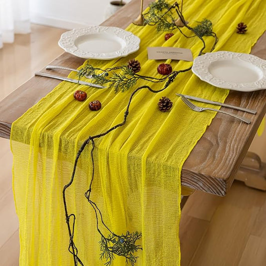 6pcs Yellow Gauze Rustic Cheesecloth Table Runner 120 Inch 10 FT for Wedding Baby Shower Bridal Shower Birthday Engagement Garden Outdoor Party Long Sheer Boho Decorations