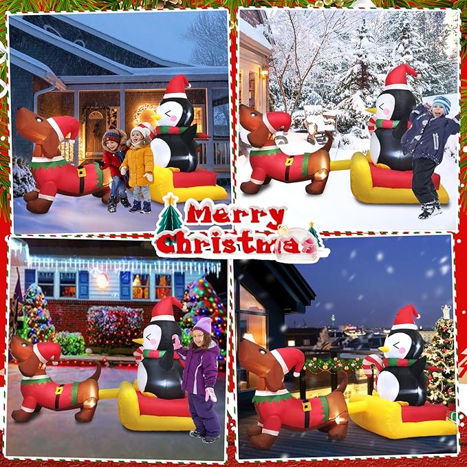 Danxilu 6 FT Long Christmas Inflatable Dog Sled with Penguin Outdoor Decorations- Blow Up Penguin on Dog Sleigh Yard Decorations for Xmas Holiday Indoor Garden Lawn Party Patio Décor