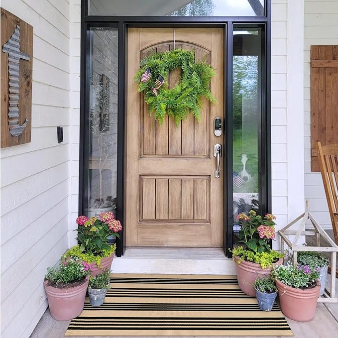 OJIA Outdoor Door Mat 27.5"x43", Black and Tan Fall Outdoor Rugs Cotton Hand-Woven Front Door Rug Machine Washable Door Mats Striped Entry Rug for Front Porch/Farmhouse/Kitchen/Entryway
