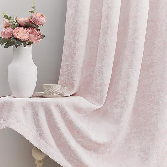Beauoop Pink Floral Jacquard Blackout Curtains 84 Inches Long 2 Panels for Bedroom Living Room Chenille Flower Room Darkening Thermal Insulated Soundproof Grommet Window Treatments Drapes, 52x84