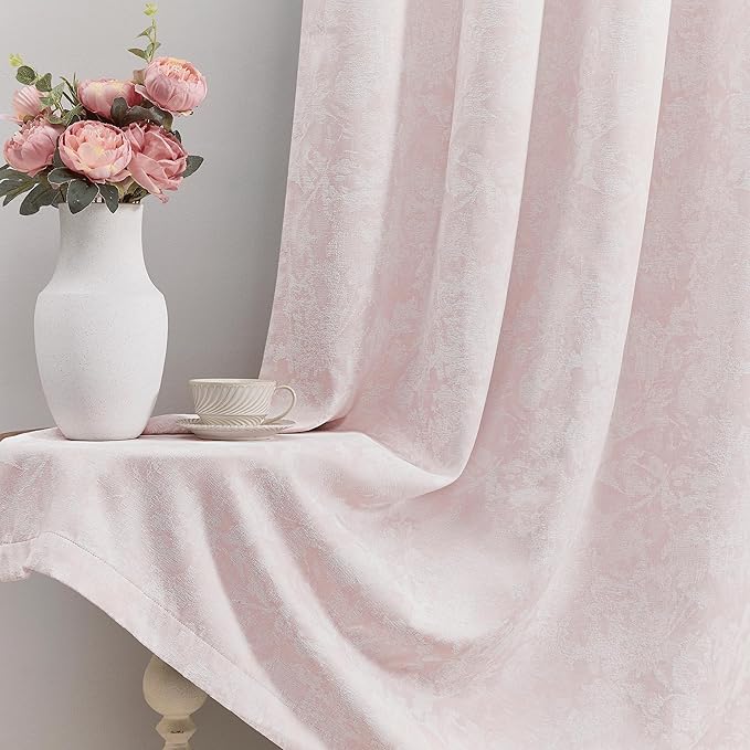 Beauoop Pink Floral Jacquard Blackout Curtains 63 Inches Long 2 Panels for Bedroom Living Room Chenille Flower Room Darkening Thermal Insulated Soundproof Grommet Window Treatments Drapes, 52x63