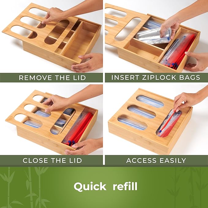 Bamboo Storage Bag Organizer, Sandwich Bag Organizer - Single block Design with Labels Included, Baggie Organizer for drawer, Quick Refill Slider, Compatible with Half Gallon, Quart, Snack size bags