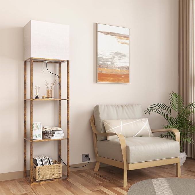 Dott Arts Floor Lamp with Shelves, Wide Floor Lamps for Living Room Display Shelf Lamps with 3 Color LED Bulb,Storage Wood Modern Floor Lamp for Bedroom Standing Lamp for Living Room Office（Brown）