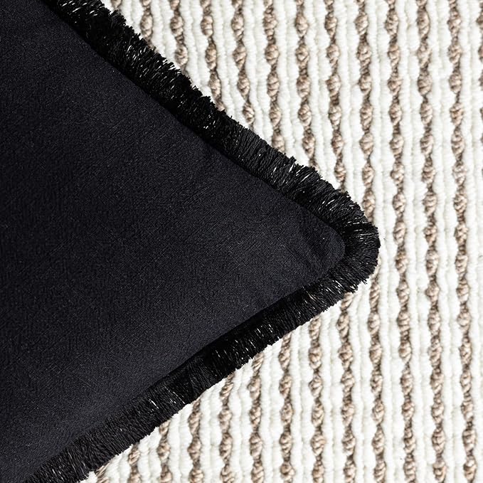 Foindtower Set of 2 Decorative Linen Fringe Throw Pillow Covers Cozy Boho Farmhouse Cushion Cover with Tassels Soft Accent Pillowcase for Couch Sofa Bed Living Room Home Decor, 22×22 Inch, Black