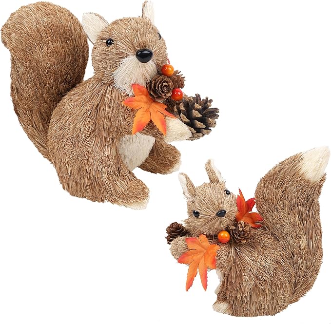 winemana Set of 2 Fall Table Decor-Squirrels with Leaves Pine Cones Thanksgiving Home Decorations Indoor Sisal Figurines, Cozy Fall Office Harvest Centerpiece Christmas Kitchen Décor