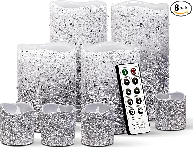 FURORA LIGHTING Silver Glitter LED Candles with Remote and Timer, 4 Pillars and 4 Votives Pack of 8, Real Wax Flameless Flickering Candles for Home Décor, Battery Included
