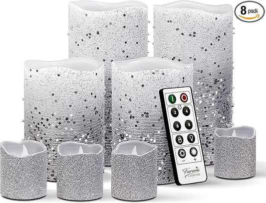 FURORA LIGHTING Silver Glitter LED Candles with Remote and Timer, 4 Pillars and 4 Votives Pack of 8, Real Wax Flameless Flickering Candles for Home Décor, Battery Included