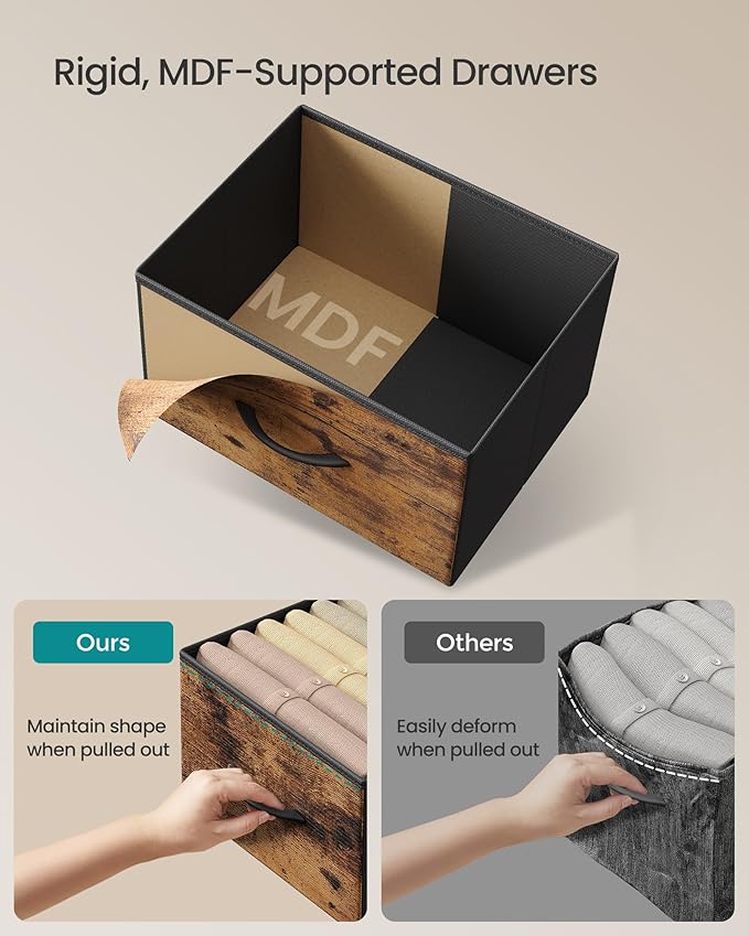 SONGMICS Dresser for Bedroom, Chest of Drawers, Steel, MDF, 3 Non-Woven Fabric Drawers, Storage Organizer Unit, Closet, Entryway, Rustic Brown and Ink Black ULGS313B02S