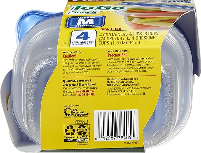 GladWare To Go Snack Food Storage Containers, Medium Rectangle Holds 24 Ounces of Food, 4 Count Set | Tupperware, Plastic Food Container, Meal Prep Container, Plastic Containers with Lids
