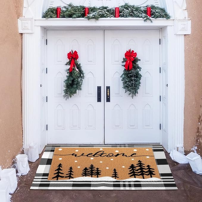 2 Pcs Door Mat Welcome Non Slip Coir Mats Floor Layering Doormats Seasonal for Front Porch Entryway Decor(Snowy Tree)