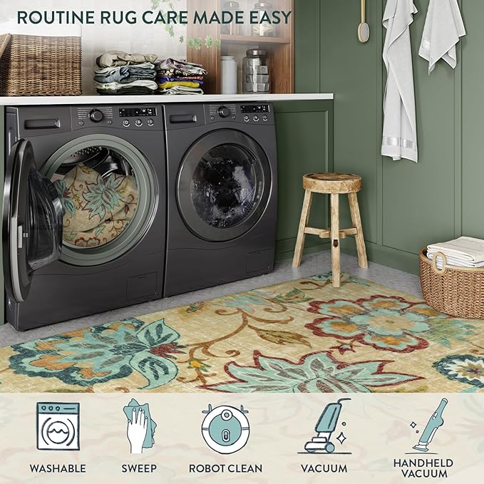 Lahome Floral Runner Rug - 2x4 Area Rug Non-Slip Low-Pile Washble Entryway Runner Rug Small Throw Laundry Mat Bathroom Runner, Boho Beige Paisley Carpet Runners for Hallway Bedroom Kitchen Foyer