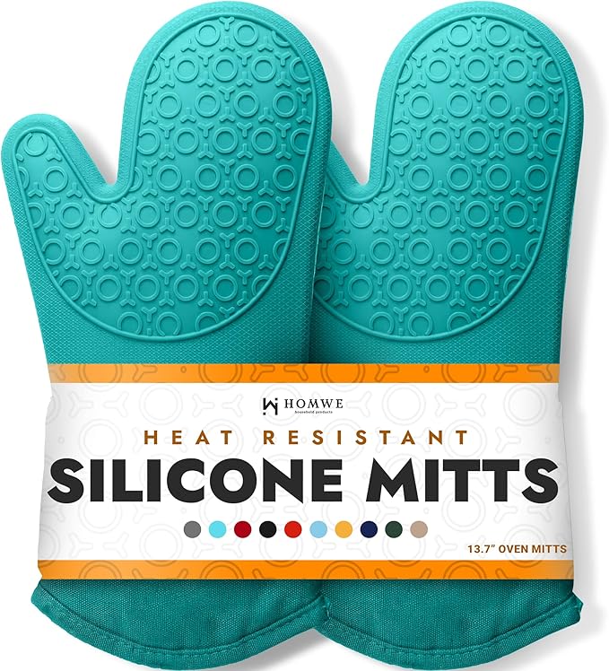 BPA-Free Soft Silicone Oven Mitts - Ultra Heat Resistant Oven Mitts with Thick Cotton Liner - Long Slip Resistant Pot Holders, Flexible Oven Gloves - Turquoise 13.7"