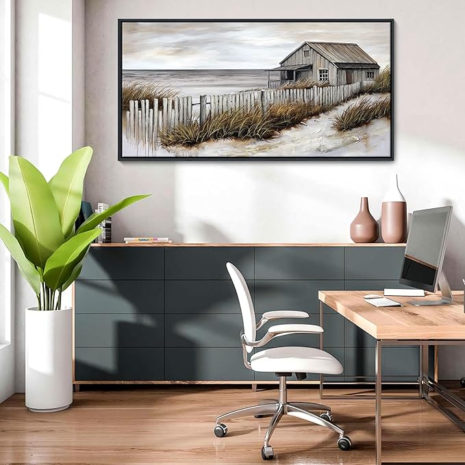 YDYSUNE Wall Art for Living Room - Beach fenced house Canvas Wall Decor for Home artwork Painting 24x48 Inches Canvas Print for Bedroom Decor Modern Salon Kitchen Office Hang a Picture