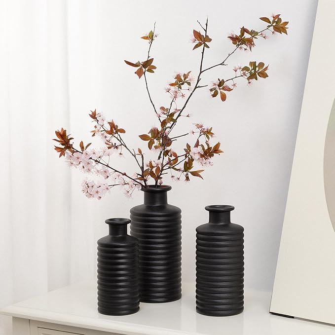 Black Ceramic Vases for Home Decor, Modern Farmhouse Frosted Semi Matte Textured Decorative Vase Set, Unique Vase for Entryway, Coffee Table, Shelf, Small Pampas Grass and Flowers