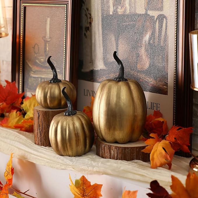 Janinka 3 Pcs Fall Antique Gold Pumpkin Decor Vintage Retro Fake Pumpkin Figurines Fall Thanksgiving Pumpkins for Home Decor Farmhouse Harvest Halloween Table Centerpiece