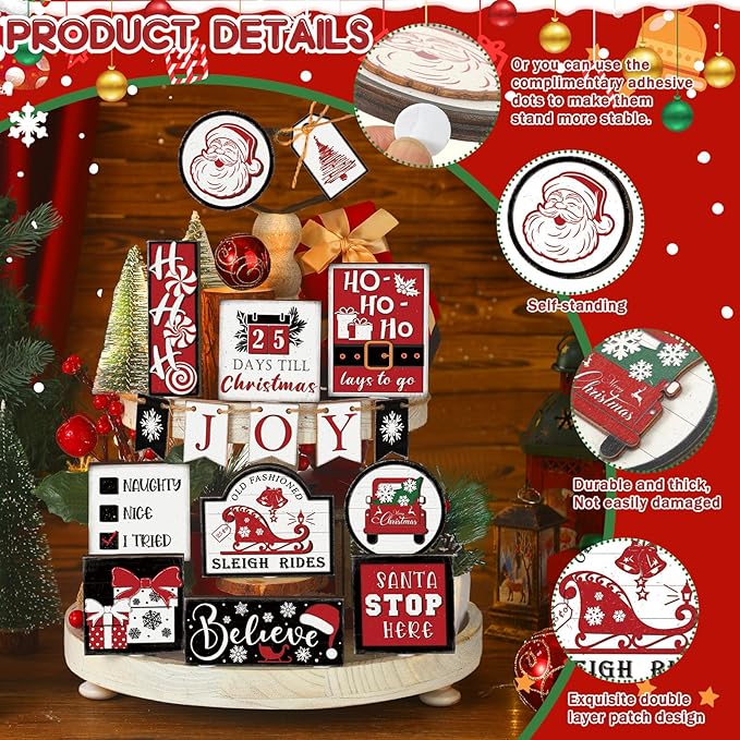 17 Pcs Christmas Tiered Tray Decor Set Winter Tiered Tray Decorations Farmhouse Tabletop Centerpiece Christmas Wooden 3D Sign for Xmas Home Buffalo Plaid Rustic Table Decoration(Vintage)