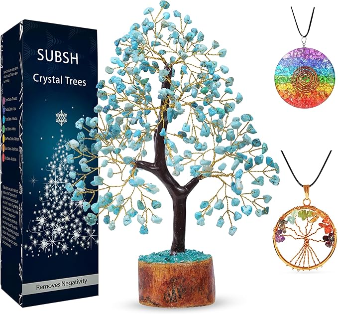 Turquoise Gemstone Crystal Tree, 2 Chakra Pendants, Crystals and Healing Stones, Birthday Gifts for Women, Gemstone Tree, Office Decor, Chakra Stones, Positive Energy Crystals, Gifts for Mom 10-12"