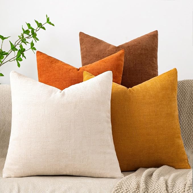 Set of 4 Soft Textured Decorative Throw Pillow Covers 18x18 Inch Cozy Farmhouse Cushion Cover Square Accent Pillow Cases for Bed Couch Sofa Living Room, Beige Rust Orange