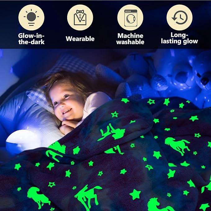 Unicorn Glow In The Dark Wearable Blanket For Girls- Soft Warm 52"X60" Flannel Fleece Unicorn Gifts For Girls Age 8-10, 6-8, 4-6, Hooded Throw Blanket Gift For Kids
