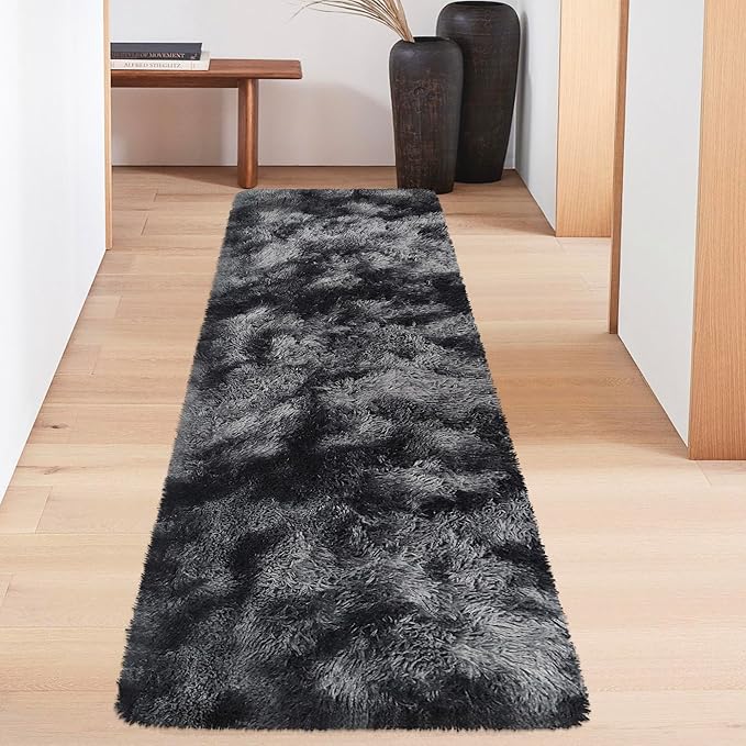 Tie-Dyed Runner Rug for Bedroom Black Grey 2x6ft Fluffy Area Rug Bedside Runner Rug for Kids Room Boys Teens Nursery Baby Living Room Dorm Home Decor Carpets