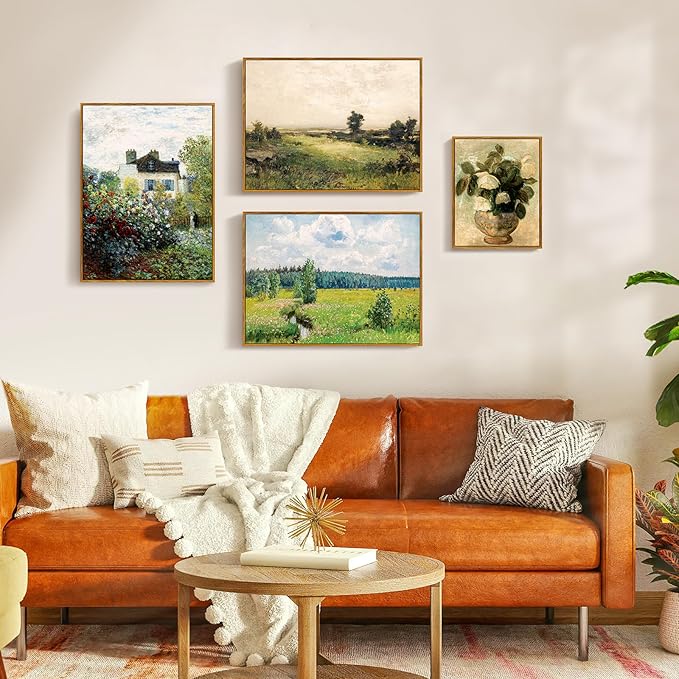 crmotu Framed Canvas Wall Art, Rustic Farmhouse Landscape Art Prints, Cottage Floral Garden Vintage Pictures, Retro Horizontal Wall Paintings for Living Room Bedroom Bathroom Office Gallery 16x24in