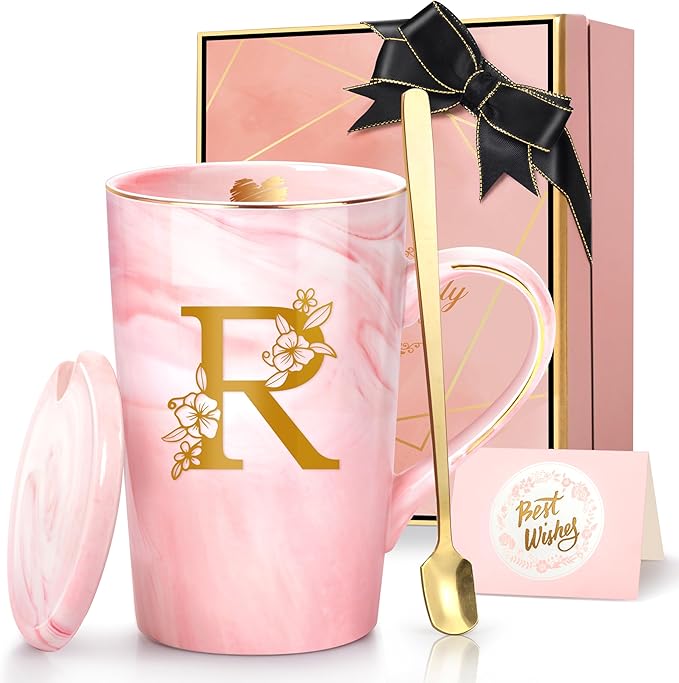 Coffee Mugs - Birthday Gifts for Women, Personalized Initial Customized Mug Tea Cup with Lid 14 Oz Pink, Spoon Greeting Card, Luxury Gift-Boxed Christmas Gift for Her Wife Mom Grandma Friend Unique,R
