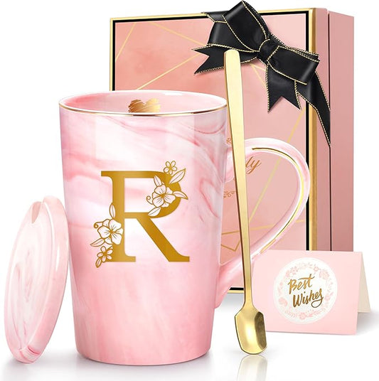 Coffee Mugs - Birthday Gifts for Women, Personalized Initial Customized Mug Tea Cup with Lid 14 Oz Pink, Spoon Greeting Card, Luxury Gift-Boxed Christmas Gift for Her Wife Mom Grandma Friend Unique,R
