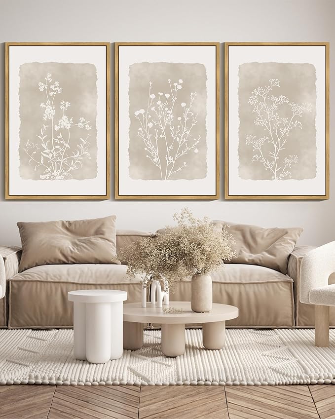 KUVIOKE Boho Botanical Flower Wall Art Framed Vintage Floral Wall Prints Wildflower Neutral Rustic Bohemain Artwork Kitchen Bedroom Decor 24x36in (Natural Framed)