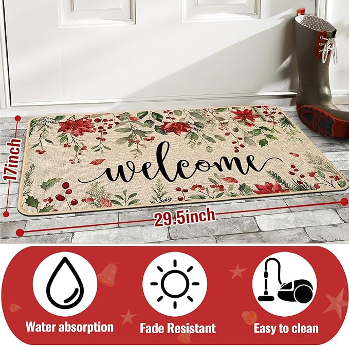 ORTIGIA Welcome Christmas Poinsettia Doormat Indoor Outdoor, Winter Holly Berry Patio Door Mats Non-Slip Durable Door Mat for Home Entrance, Outside Entry, Yard, Floor, Patio 17x29.5 Inch