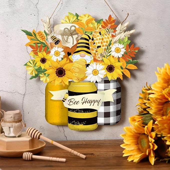 Bee Welcome Sign Wooden Yellow Bee Sign Bee Flower Gnome Wood Hanging Door Decor Farmhouse Porch Outdoor Front Door Decorations Supplies (Bee Style)
