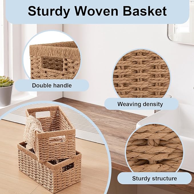 OIAHOMY Wicker Baskets, Paper Rope Storage Baskets for Organizing with Built-in Handles, 2 Packs-Yellow