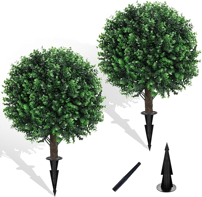 Artificial Green Boxwood Topiary Ball Bush for Outdoor with Spike, Set of 2 UV Resistant Faux Boxwood Ball Tree with Stake Weatherproof Fake Round Topiary Shrub Plant for Front Porch