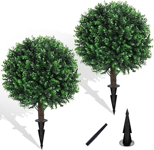 Artificial Green Boxwood Topiary Ball Bush for Outdoor with Spike, Set of 2 UV Resistant Faux Boxwood Ball Tree with Stake Weatherproof Fake Round Topiary Shrub Plant for Front Porch
