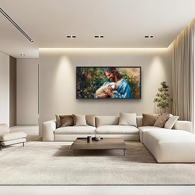 Flintis Large Jesus and Lamb Wall Art Christian Jesus Portrait Pictures Wall Decor Religion Canvas Painting Print Artwork Decoration Framed for Living Room Bathroom Master Bedroom Office 60L x 30W