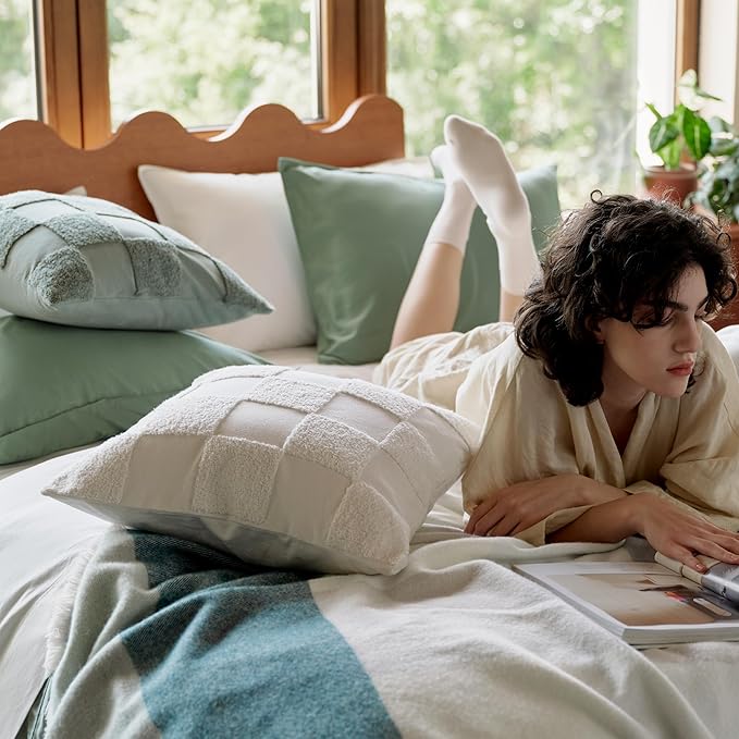 Double Stitch 100% Cotton Throw Pillow Covers - Checkered Tufted Boho Decorative Pillow Covers 18x18, Made in India, Square Cushion Case, Modern Home Decor for Couch, Sofa, Living Room, Cream