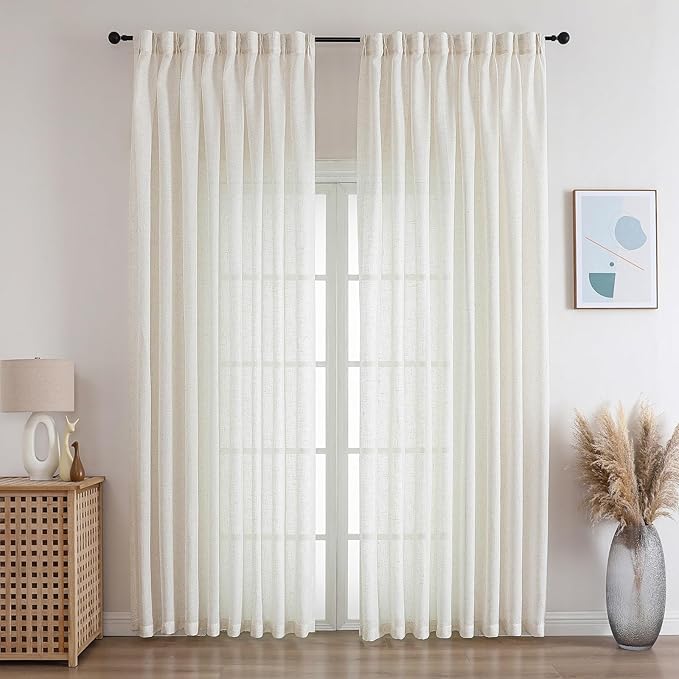 Neutral Pinch Pleated Linen Semi Sheer Curtains 102 Inch Long, 50 Inches Width, Cream Beige Light Filtering Drapes for Living Room, Floor to Ceiling Farmhouse Window Curtain Panels