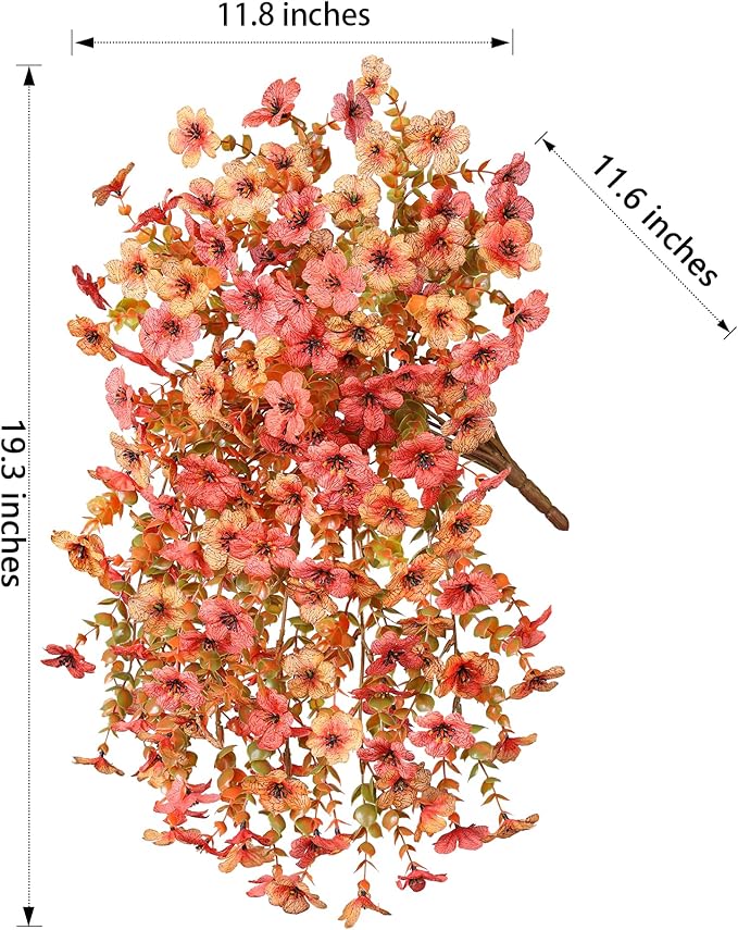 Artificial Flowers for Outdoors Fall Decoration, 2Pcs Fall Orange Yellow Hanging Flowers with Autumn Eucalyptus Leaves Faux Silk Flower Decor for Home Porch Patio Balcony Planter Yard