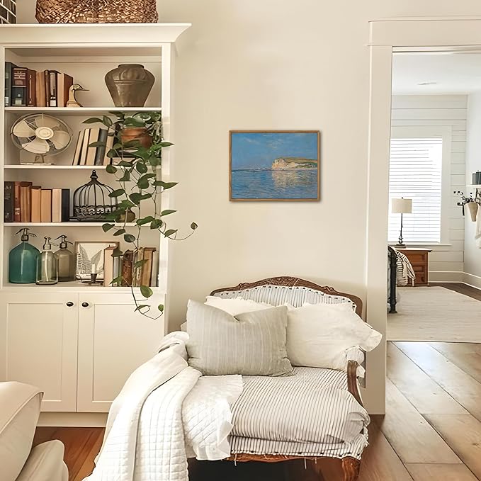 Framed Monet Coastal Wall Art Decor – Impressionist Beach Oil Painting Canvas Prints – Vintage Beachy Landscape Classic Aesthetic Wall Decor for Living Room Bedroom Bathroom – 10"x8"