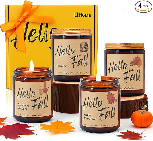 Lihome Fall Candles,Fall Gift for Home Decor, Natural Soy Wax Scented Candles Set- Spicy Pumpkin/Apple Cider/Autumn Harvest/Autumn Leaves(4pcs)