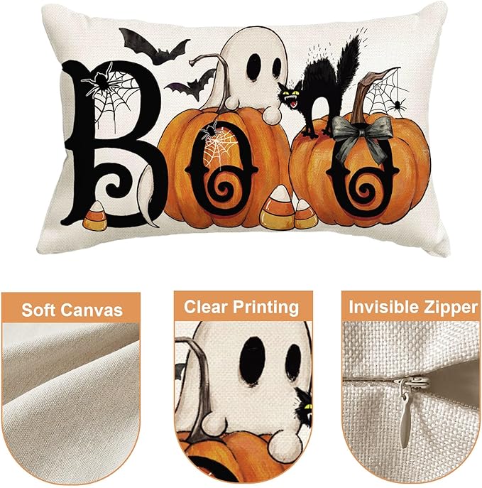 Baccessor Halloween Pillow Cover 12x20 Inch, Boo Ghost Spooky Lumbar Pillow Case Halloween Decor for Cushion Sofa Couch Indoor Outdoor Decoration 1 Piece